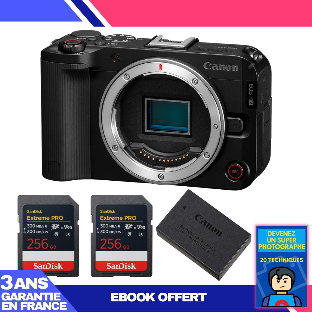 Canon EOS R50 V + 2 SanDisk 256GB Extreme PRO UHS-II SDXC Card + Canon LP-E17 Battery + Ebook 'Become a Super Photographer