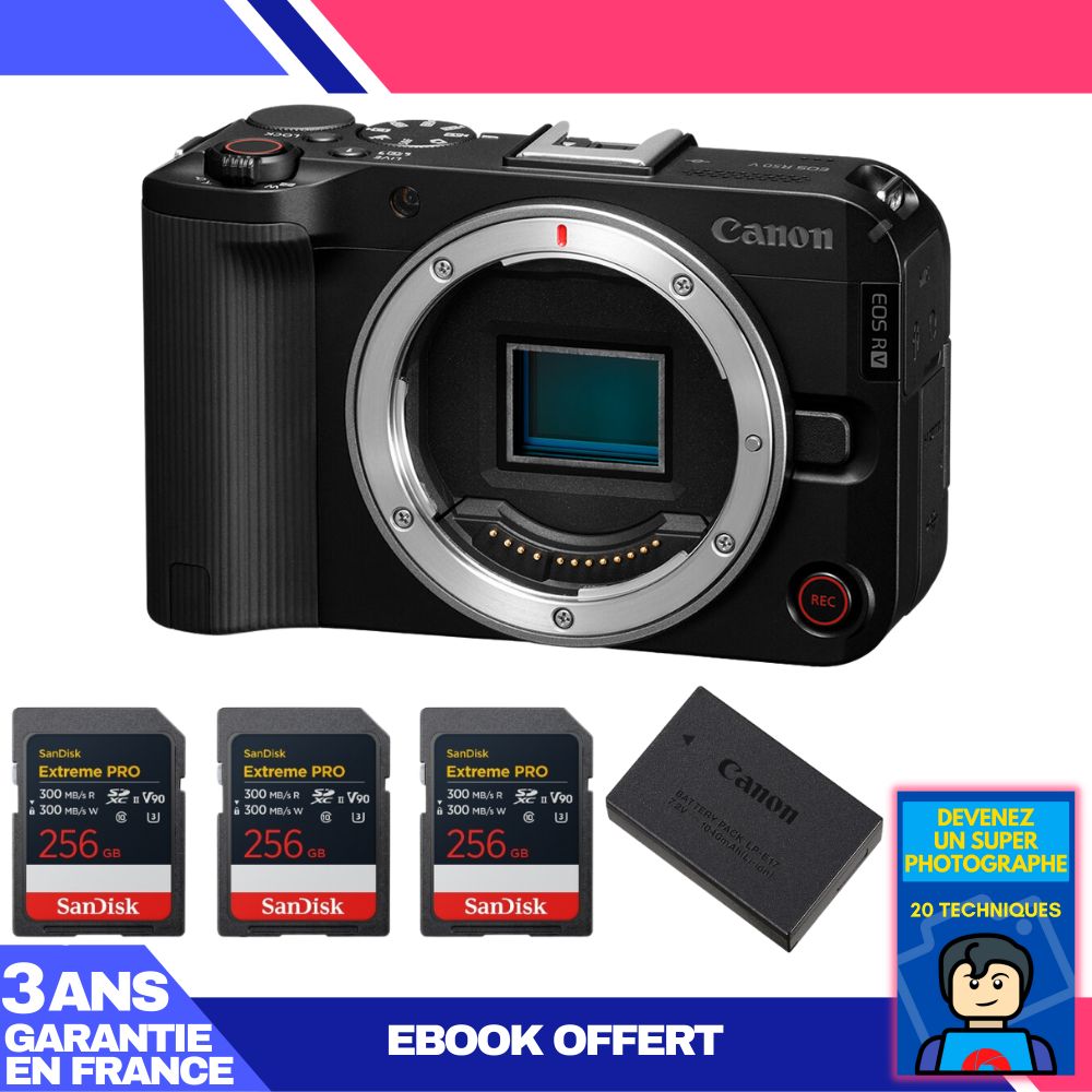 Canon EOS R50 V + 3 SanDisk 256GB Extreme PRO UHS-II SDXC Cards + Canon LP-E17 Battery + 'Become a Super Photographer' Ebook