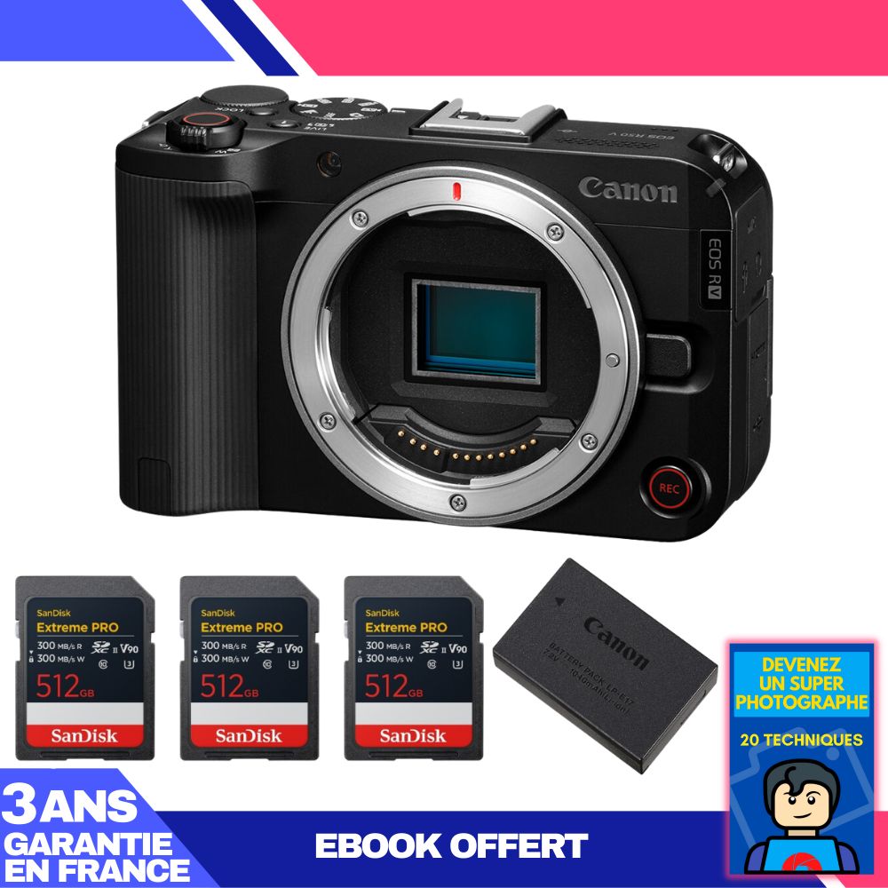 Canon EOS R50 V + 3x 512GB SanDisk Extreme PRO UHS-II SDXC Cards + Canon LP-E17 Battery + 'Become a Super Photographer' Ebook
