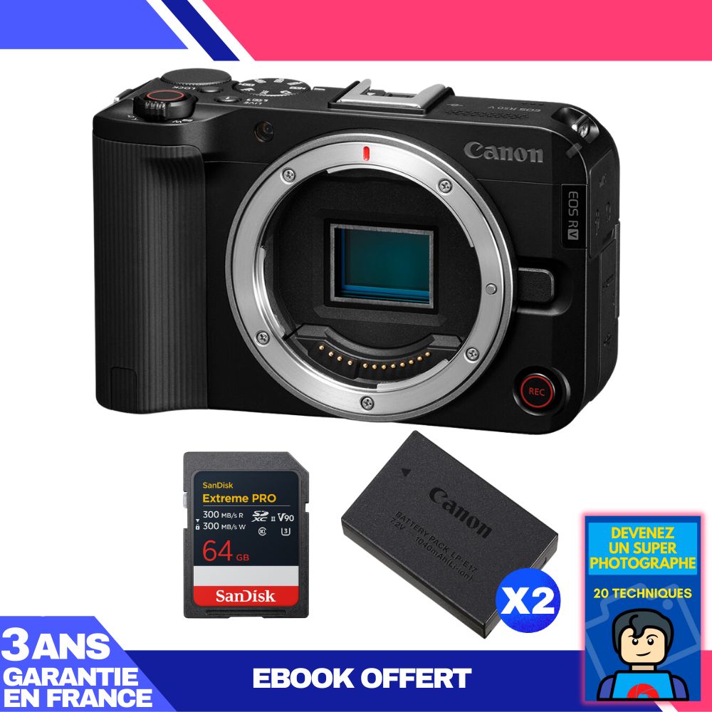Canon EOS R50 V Camera + 1 SanDisk 64GB Extreme PRO UHS-II SDXC + 2 Canon LP-E17 Batteries + Ebook 'Become a Super Photographer