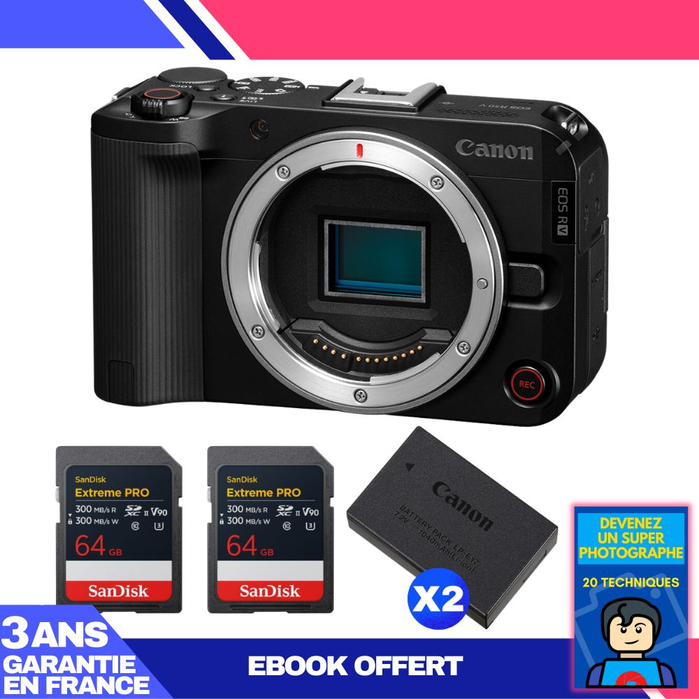 Canon EOS R50 V + 2 SanDisk 64GB Extreme PRO UHS-II SDXC Cards + 2 Canon LP-E17 Batteries + 'Become a Super Photographer' Ebook