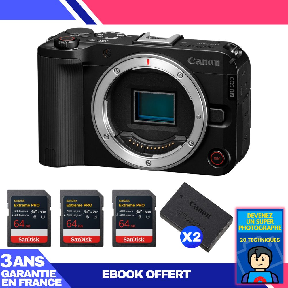 Canon EOS R50 V + 3 SanDisk 64GB Extreme PRO UHS-II SDXC Cards + 2 Canon LP-E17 Batteries + 'Become a Super Photographer' Ebook