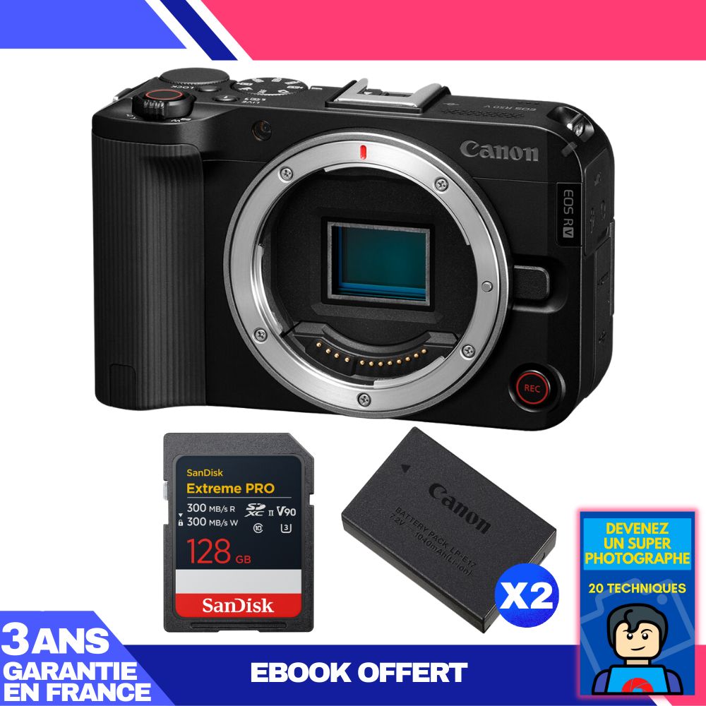 Canon EOS R50 V + 1 SanDisk 128GB Extreme PRO UHS-II SDXC + 2 LP-E17 Batteries + 'Become a Super Photographer' Ebook