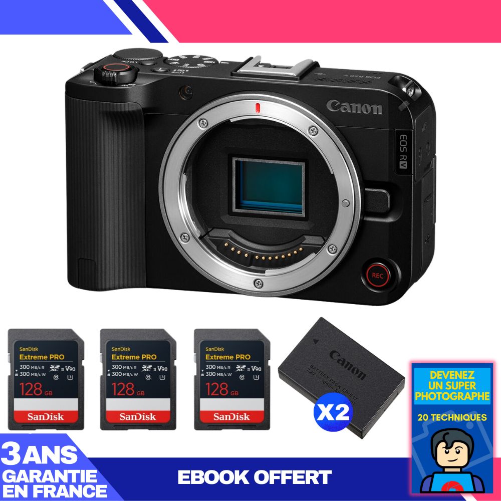 Canon EOS R50 V Camera + 3 SanDisk 128GB Extreme PRO UHS-II SDXC Cards + 2 Canon LP-E17 Batteries + Ebook: 'Become a Super Photographer'