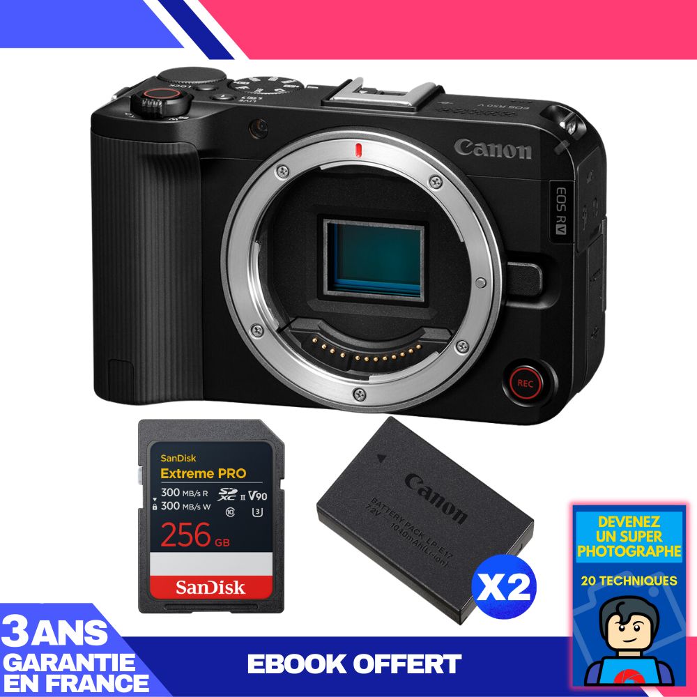 Canon EOS R50 V + 1 tarjeta SanDisk 256GB Extreme PRO UHS-II SDXC + 2 baterías Canon LP-E17 + ebook 'Conviértete en un fotógrafo super'