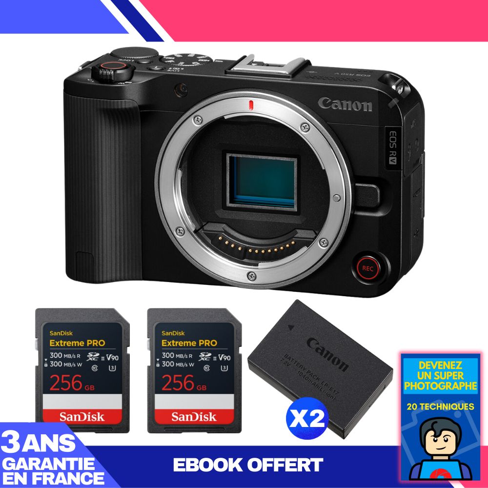 Canon EOS R50 V + 2 SanDisk 256GB Extreme PRO UHS-II SDXC Cards + 2 Canon LP-E17 Batteries + 'Become a Master Photographer' Ebook