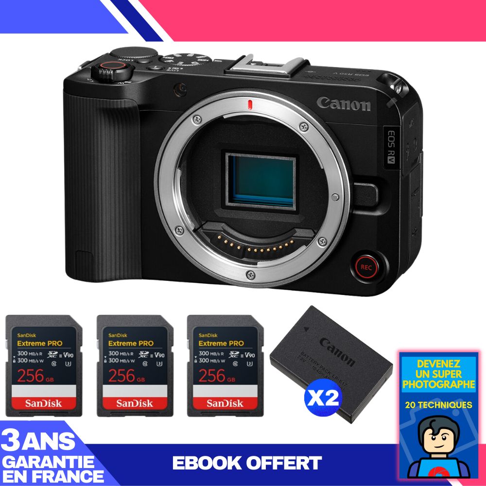 Canon EOS R50 V + 3 SanDisk 256GB Extreme PRO UHS-II SDXC Cards + 2 Canon LP-E17 Batteries + Ebook 'Become a Super Photographer'