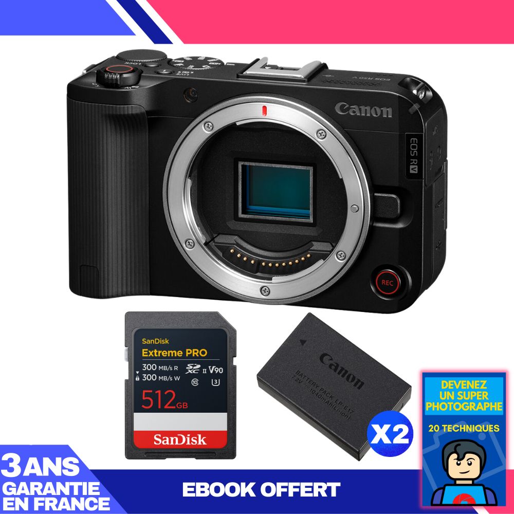 Canon EOS R50 V + 1 tarjeta SanDisk 512GB Extreme PRO UHS-II SDXC + 2 baterías Canon LP-E17 + ebook 'Conviértete en un fotógrafo súper'