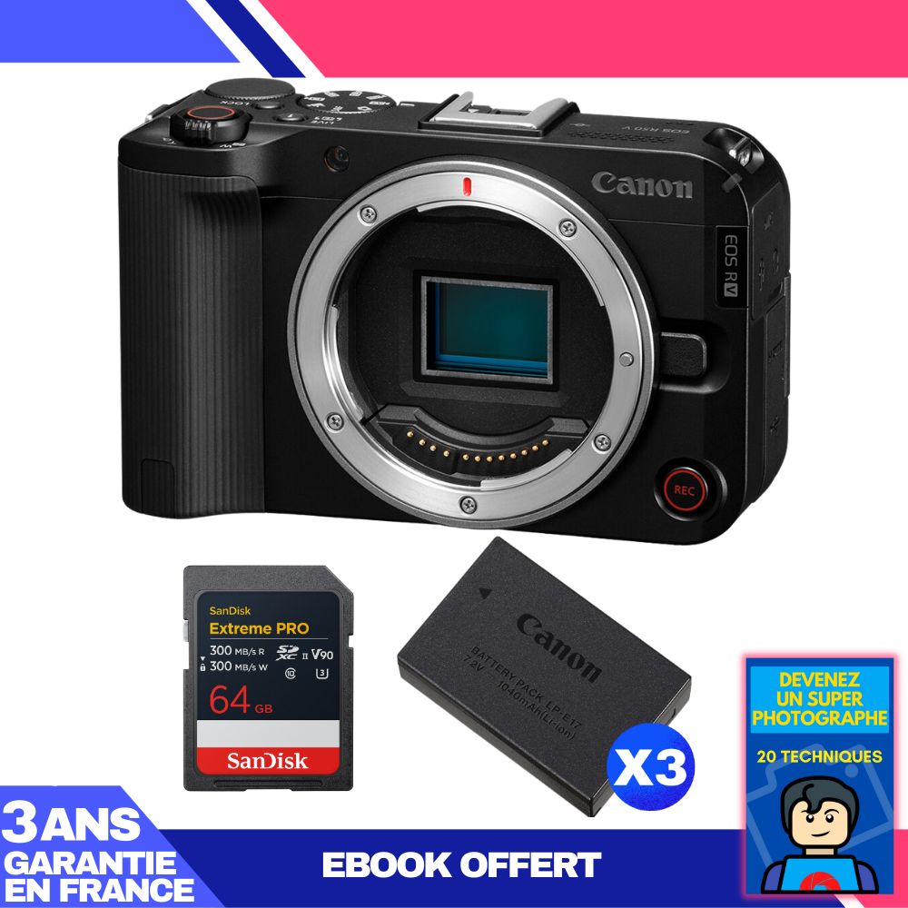 Canon EOS R50 V + 1 SanDisk 64GB Extreme PRO UHS-II SDXC + 3 LP-E17 Batteries + 'Become a Master Photographer' Ebook