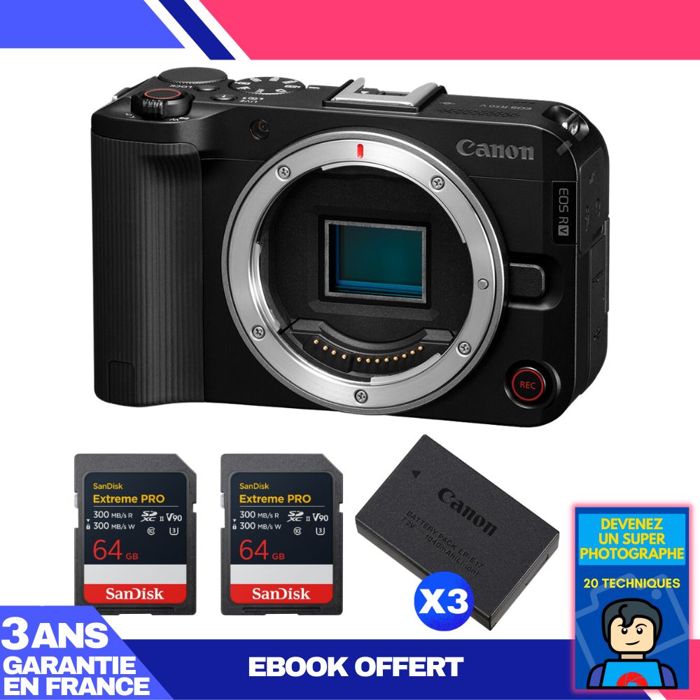 Canon EOS R50 V Body + 2 SanDisk 64GB Extreme PRO UHS-II SDXC Cards + 3 Canon LP-E17 Batteries + 'Become a Master Photographer Ebook
