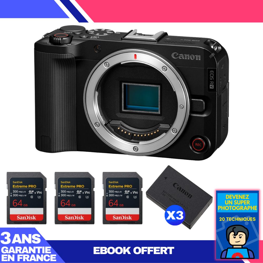 Canon EOS R50 V + 3 SanDisk 64GB Extreme PRO UHS-II SDXC Cards + 3 Canon LP-E17 Batteries + Ebook 'Become a Super Photographer'