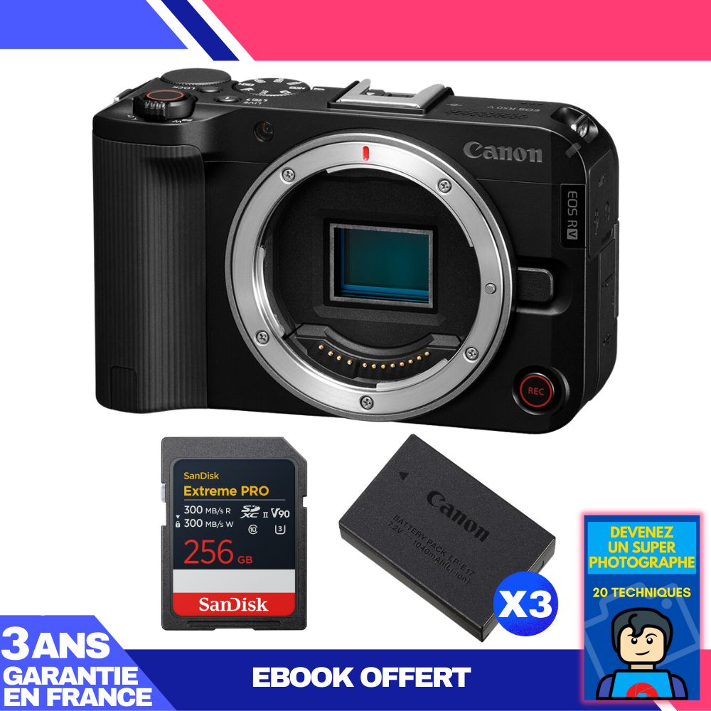 Canon EOS R50 V + 1 SanDisk 256GB Extreme PRO UHS-II SDXC + 3 Canon LP-E17 + Ebook 'Devenez Un Super Photographe