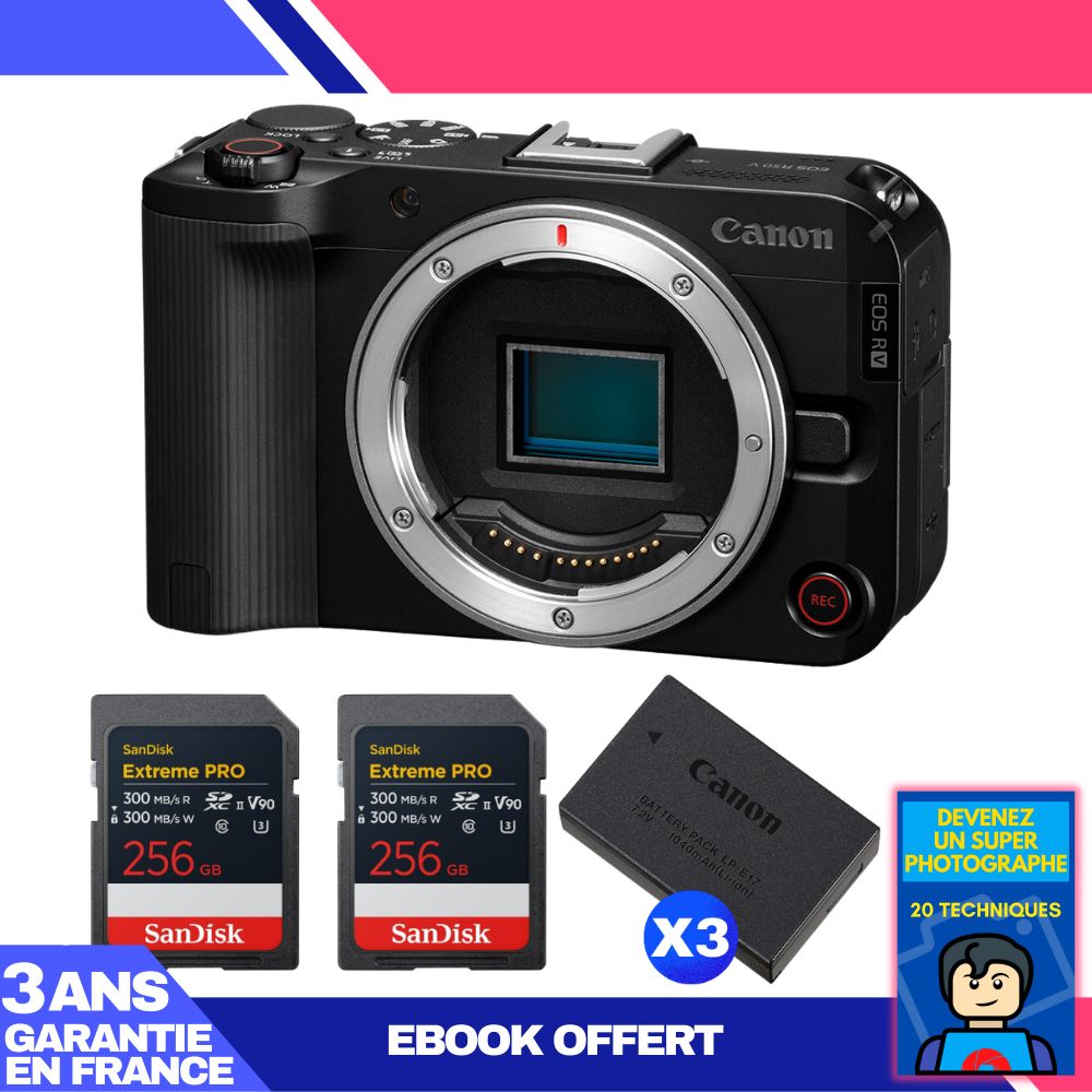Canon EOS R50 V Camera + 2 SanDisk 256GB Extreme PRO UHS-II SDXC Cards + 3 Canon LP-E17 Batteries + 'Become a Super Photographer' Ebook