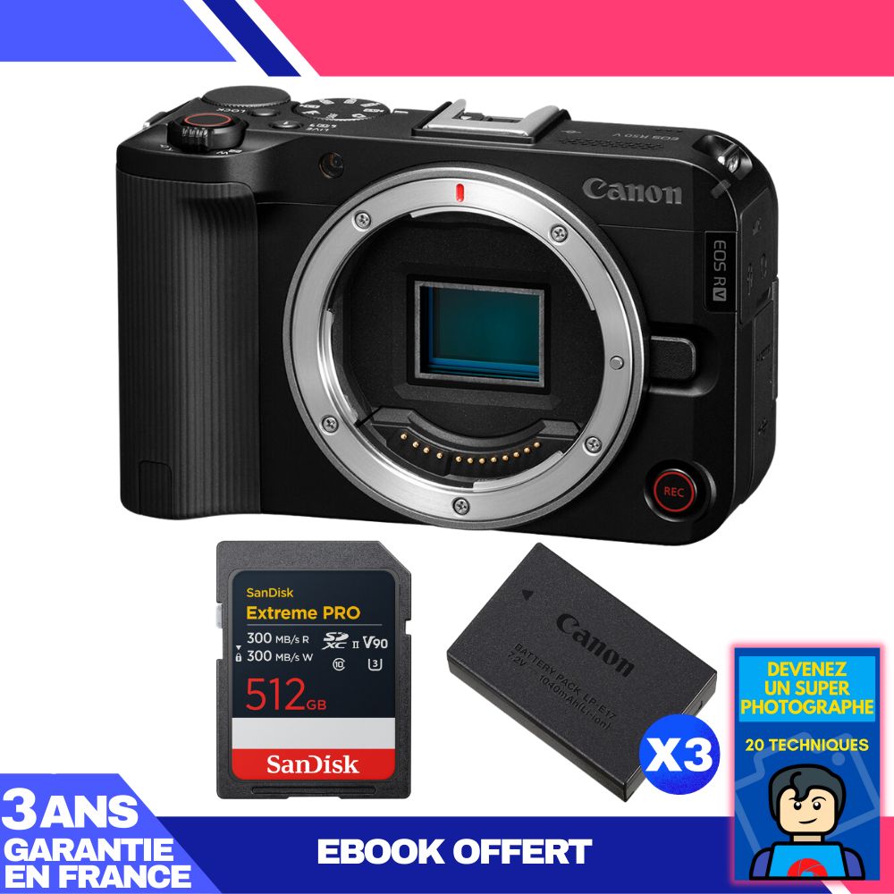 Canon EOS R50 V + 1 carte SanDisk 512 Go Extreme PRO UHS-II SDXC + 3 batteries LP-E17 + ebook 'Devenez un photographe exceptionnel'