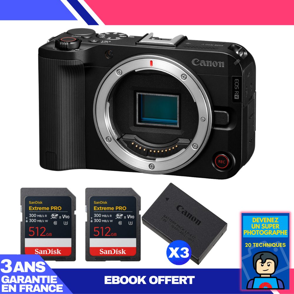 Appareil photo Canon EOS R50 V + 2 cartes SanDisk 512 Go Extreme PRO UHS-II SDXC + 3 batteries Canon LP-E17 + ebook 'Devenez un photographe exceptionnel'