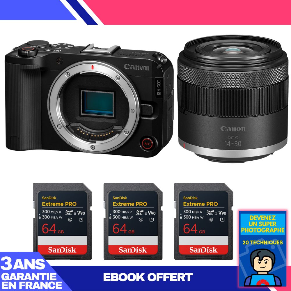 Kit Canon EOS R50 V + objetivo RF-S 14-30mm f/4.5-6.3 IS STM PZ + 3 tarjetas SanDisk 64GB Extreme PRO UHS-II y ebook 'Conviértete en un Super Fotógrafo'