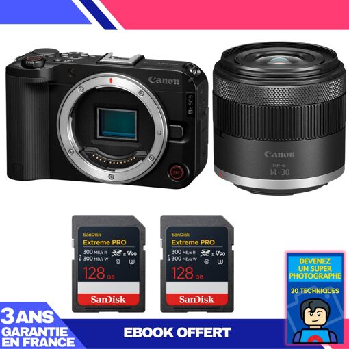 Canon EOS R50 V + objectif RF-S 14-30 mm f/4,5-6,3 IS STM PZ, kit avec 2 cartes mémoire SanDisk Extreme PRO UHS-II SDXC 128 Go (livre électronique inclus)
