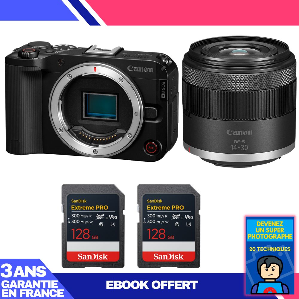 Canon EOS R50 V + RF-S 14-30mm f/4.5-6.3 IS STM PZ Lens Kit with 2x 128GB SanDisk Extreme PRO UHS-II SDXC Cards (eBook included)