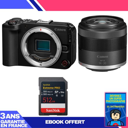 Kit Canon EOS R50 V + objectif RF-S 14-30mm f/4,5-6,3 IS STM PZ + carte SD 512 Go Sandisk Extreme PRO UHS-II