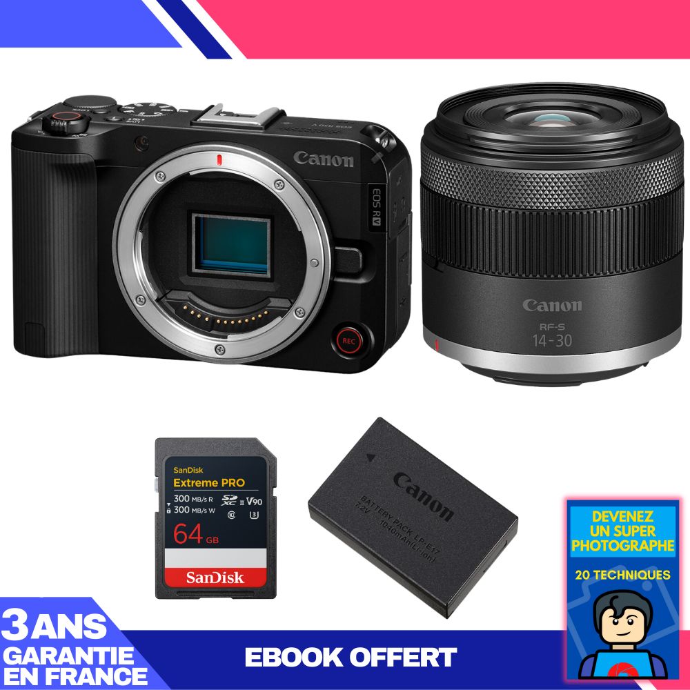 Canon EOS R50 V + RF-S 14-30mm f/4.5-6.3 IS STM PZ + 1x 64GB SanDisk Extreme PRO UHS-II SDXC Card + Canon LP-E17 + Ebook 'Devenez Un Super Photographe