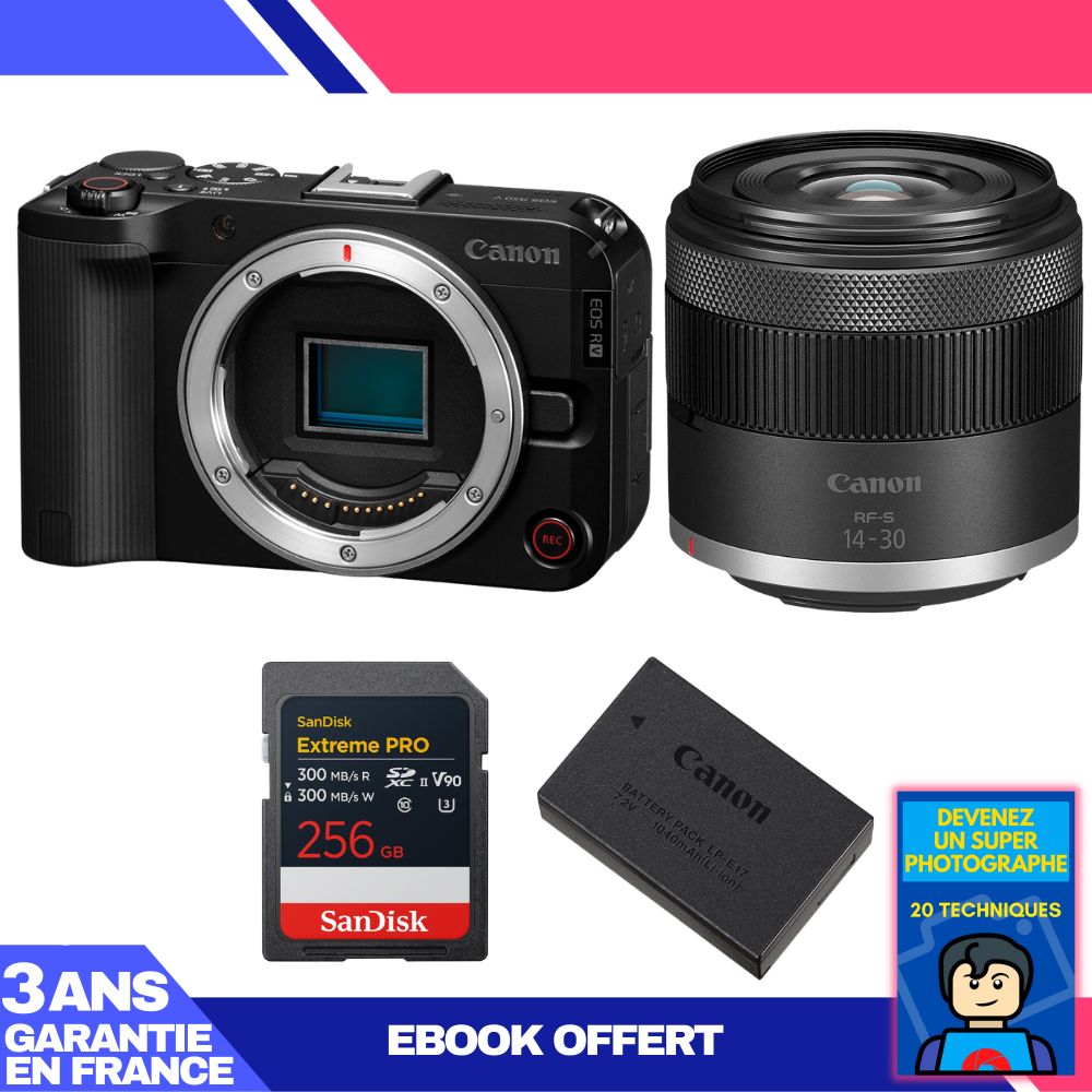 Canon EOS R50 V + objectif RF-S 14-30mm f/4,5-6,3 IS STM PZ + carte SD 256Go SanDisk Extreme PRO UHS-II + batterie Canon LP-E17 + ebook 'Devenez un super photographe'