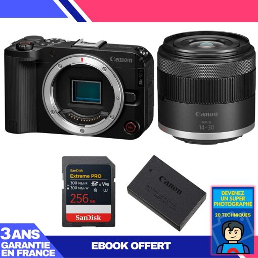 Canon EOS R50 V + objectif RF-S 14-30mm f/4,5-6,3 IS STM PZ + carte SD 256Go SanDisk Extreme PRO UHS-II + batterie Canon LP-E17 + ebook 'Devenez un super photographe'