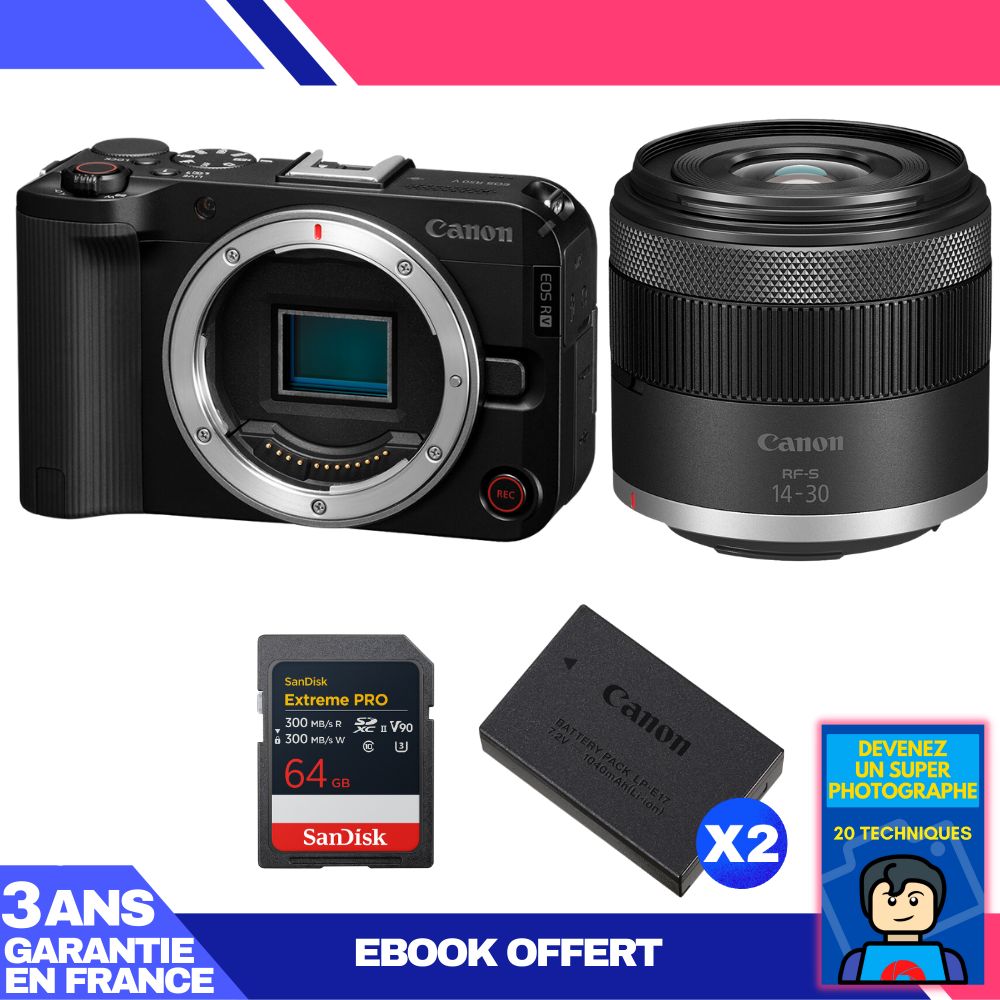 Canon EOS R50 V + RF-S 14-30mm f/4.5-6.3 IS STM PZ + 1 SanDisk 64GB Extreme PRO UHS-II SDXC + 2 Canon LP-E17 + Ebook 'Devenez Un Super Photographe
