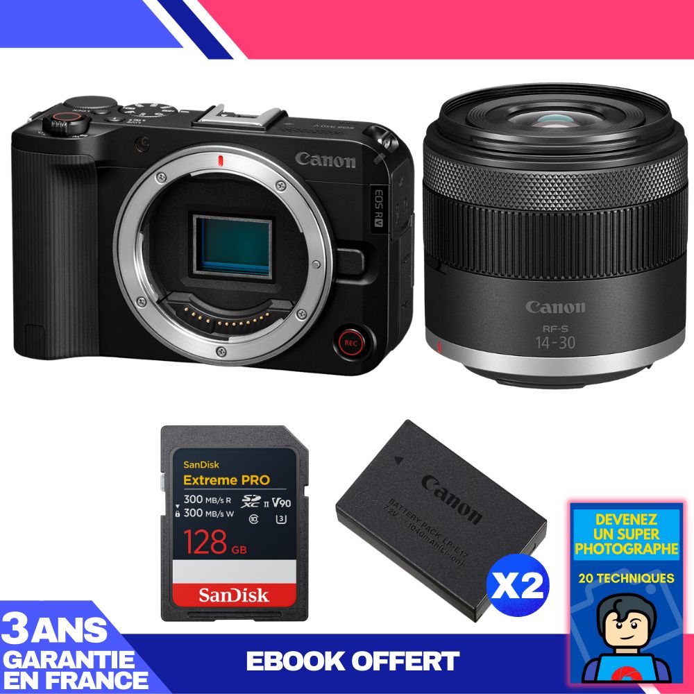 Canon EOS R50 V + RF-S 14-30mm f/4.5-6.3 IS STM PZ + 1 SanDisk 128GB Extreme PRO UHS-II SDXC + 2 Canon LP-E17 + Ebook 'Devenez Un Super Photographe
