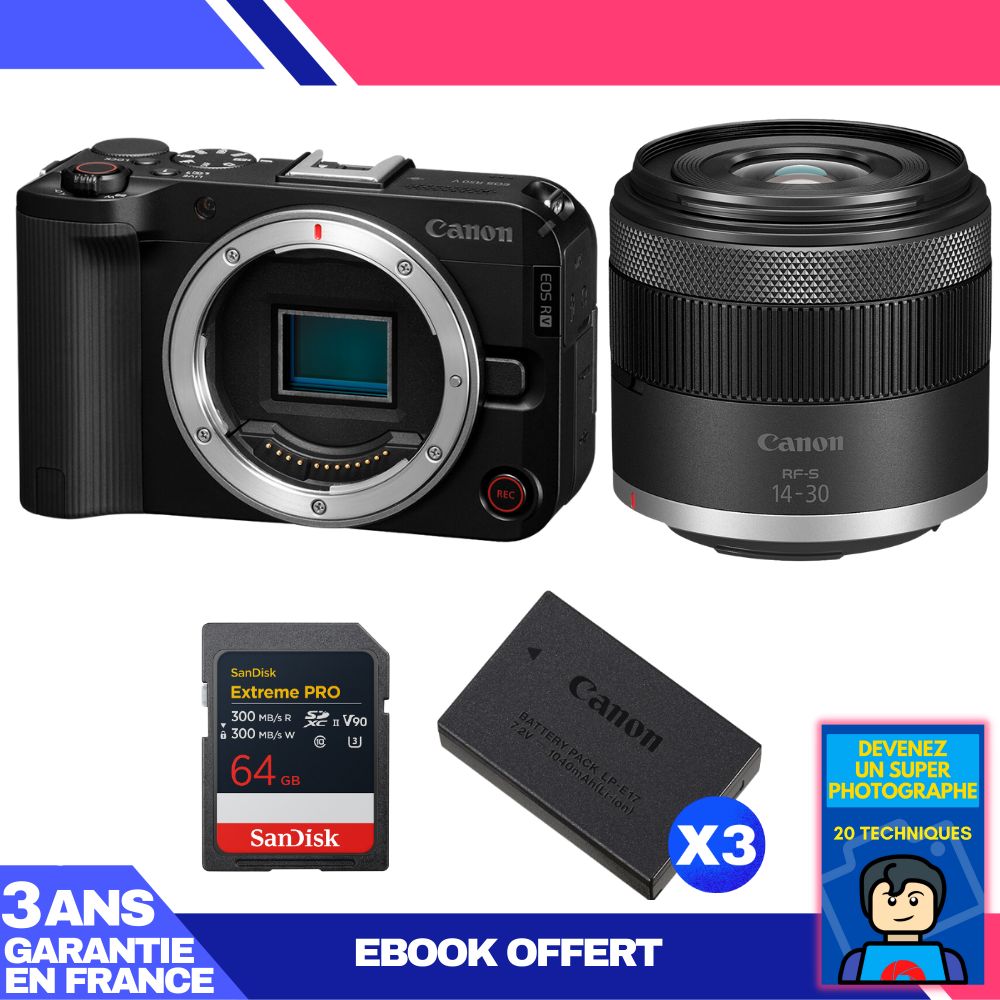 Canon EOS R50 V + RF-S 14-30mm f/4.5-6.3 IS STM PZ + 1 SanDisk 64GB Extreme PRO UHS-II SDXC + 3 Canon LP-E17 + Ebook 'Devenez Un Super Photographe