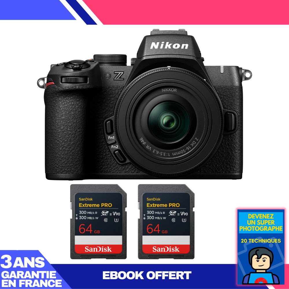 Nikon Z50 II Mirrorless Camera Kit with 16-50mm f/3.5-6.3 VR Lens + 2 SanDisk 64GB Extreme PRO UHS-II SDXC Cards + Ebook
