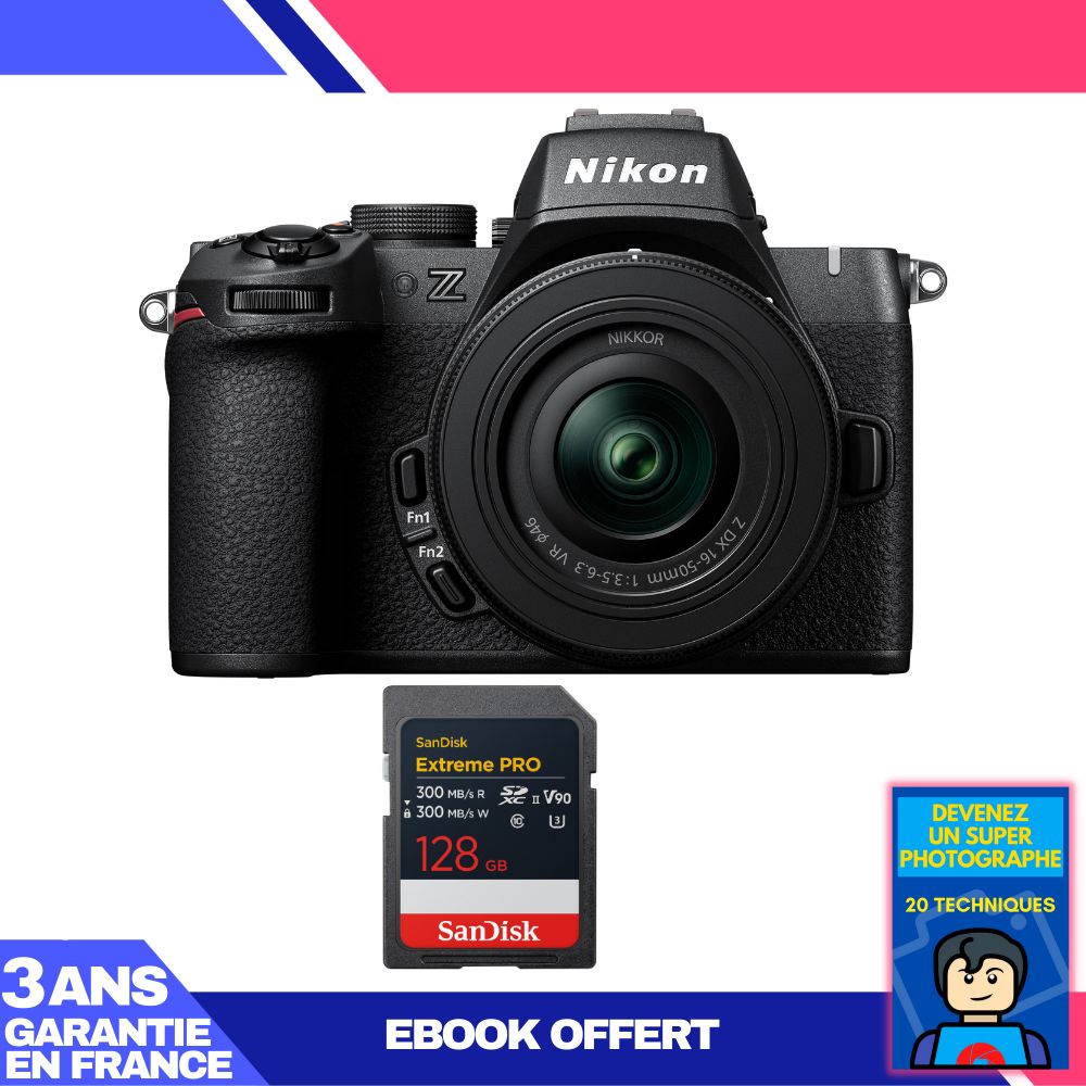 Nikon Z50 II Mirrorless Camera Kit with 16-50mm f/3.5-6.3 VR Lens + 128GB SanDisk Extreme PRO UHS-II SDXC Card + 'Become a Super Photographer' Ebook