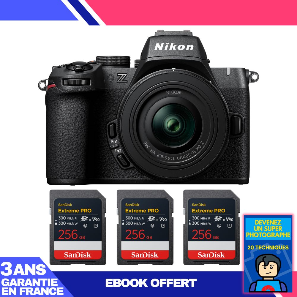 Kit de cámara sin espejo Nikon Z50 II con lente 16-50 mm f/3.5-6.3 VR y 3 tarjetas SDXC SanDisk 256 GB Extreme PRO UHS-II + libro electrónico 'Conviértete en un fotógrafo maestro'