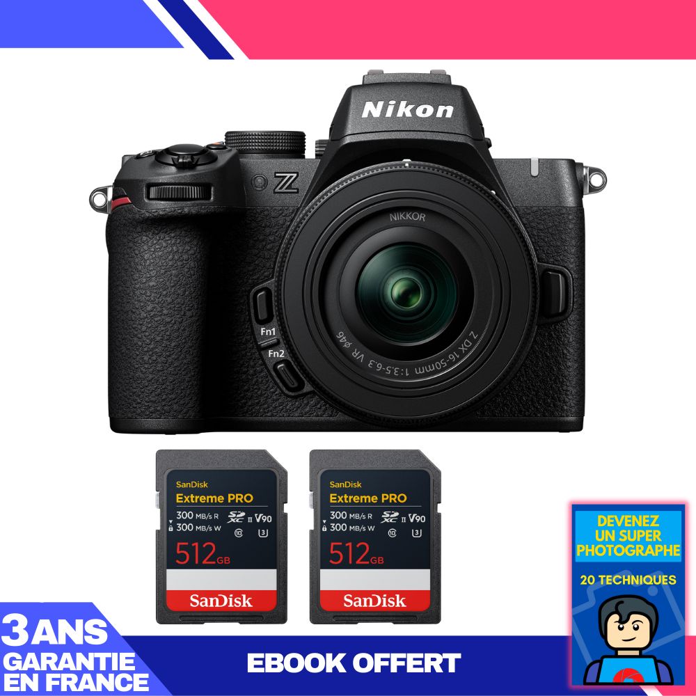 Nikon Z50 II Mirrorless Camera Kit with 16-50mm f/3.5-6.3 VR Lens + 2x 512GB SanDisk Extreme PRO UHS-II SDXC Cards