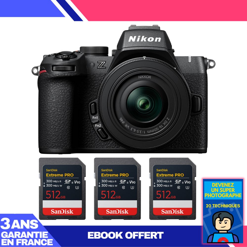 Nikon Z50 II Mirrorless Camera Kit with 16-50mm f/3.5-6.3 VR Lens + 3x 512GB SanDisk Extreme PRO UHS-II SDXC Cards