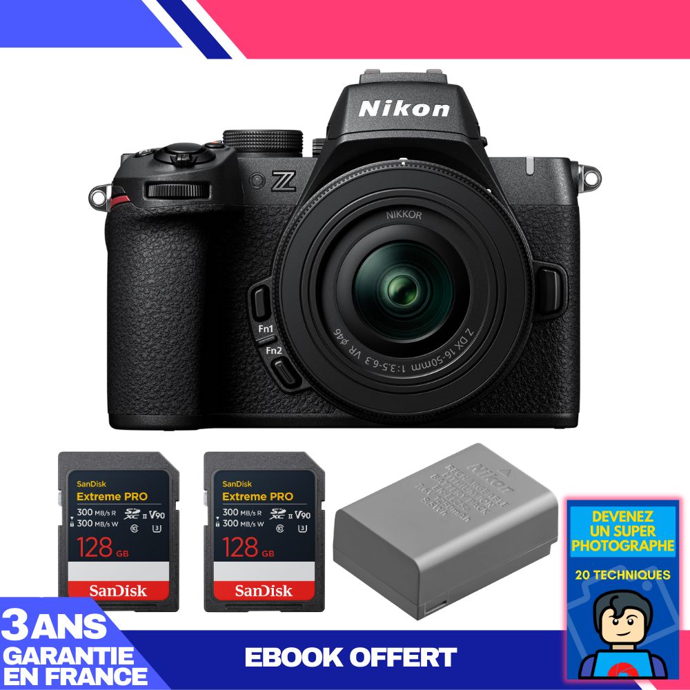 Nikon Z50 II Mirrorless Camera + 16-50mm f/3.5-6.3 VR Lens + 2 SanDisk 128GB Extreme PRO UHS-II SDXC Cards + Nikon EN-EL25a Battery + 'Become a Super Photographer' Ebook
