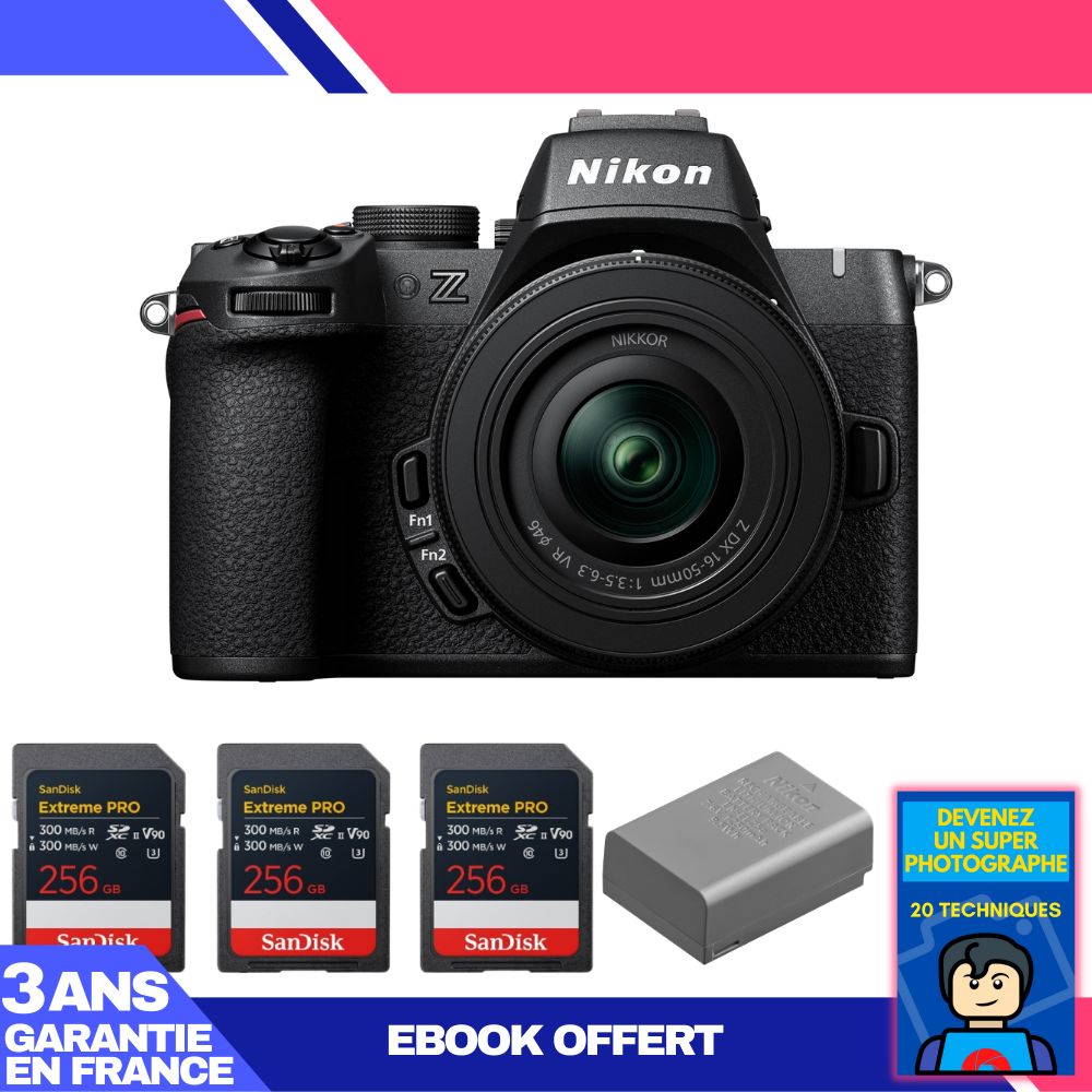 Kit de cámara sin espejo Nikon Z50 II con lente 16-50mm f/3.5-6.3 VR + 3 tarjetas SDXC SanDisk Extreme PRO de 256 GB + batería EN-EL25a + ebook 'Conviértete en un super fotógrafo'