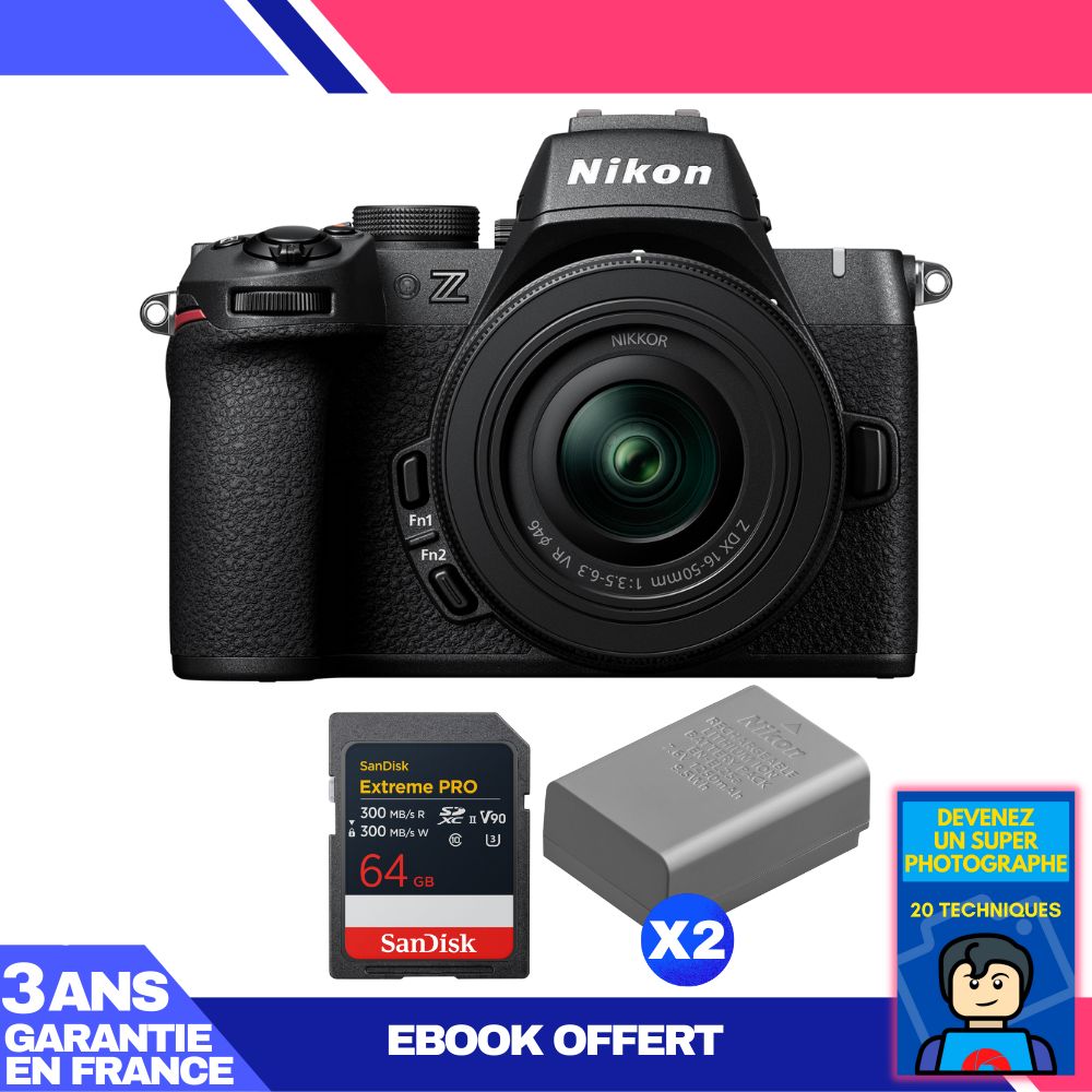 Nikon Z50 II Mirrorless Camera + 16-50mm f/3.5-6.3 VR Lens + 1 SanDisk 64GB Extreme PRO UHS-II SDXC + 2 Nikon EN-EL25a Batteries + Ebook 'Become a Super Photographer'