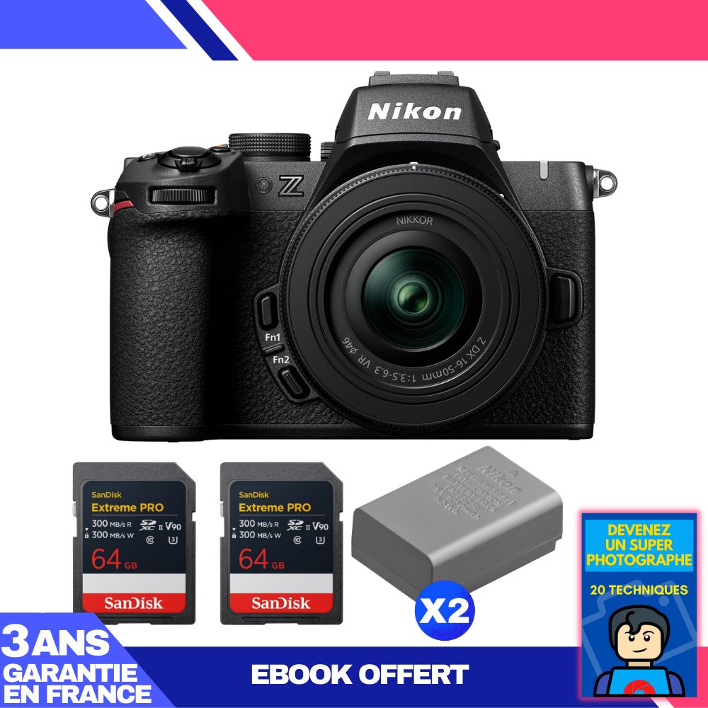 Nikon Z50 II Mirrorless Camera Kit with 16-50mm Lens + 2 SanDisk 64GB Extreme PRO SDXC Cards + 2 Nikon EN-EL25a Batteries + Ebook