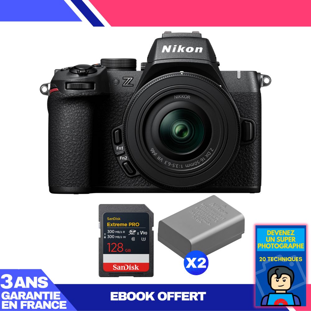 Nikon Z50 II Mirrorless Camera + 16-50mm f/3.5-6.3 VR Lens + 2 SanDisk 128GB Extreme PRO UHS-II SDXC Cards + 2 Nikon EN-EL25a Batteries + Ebook 'Become a Super Photographer