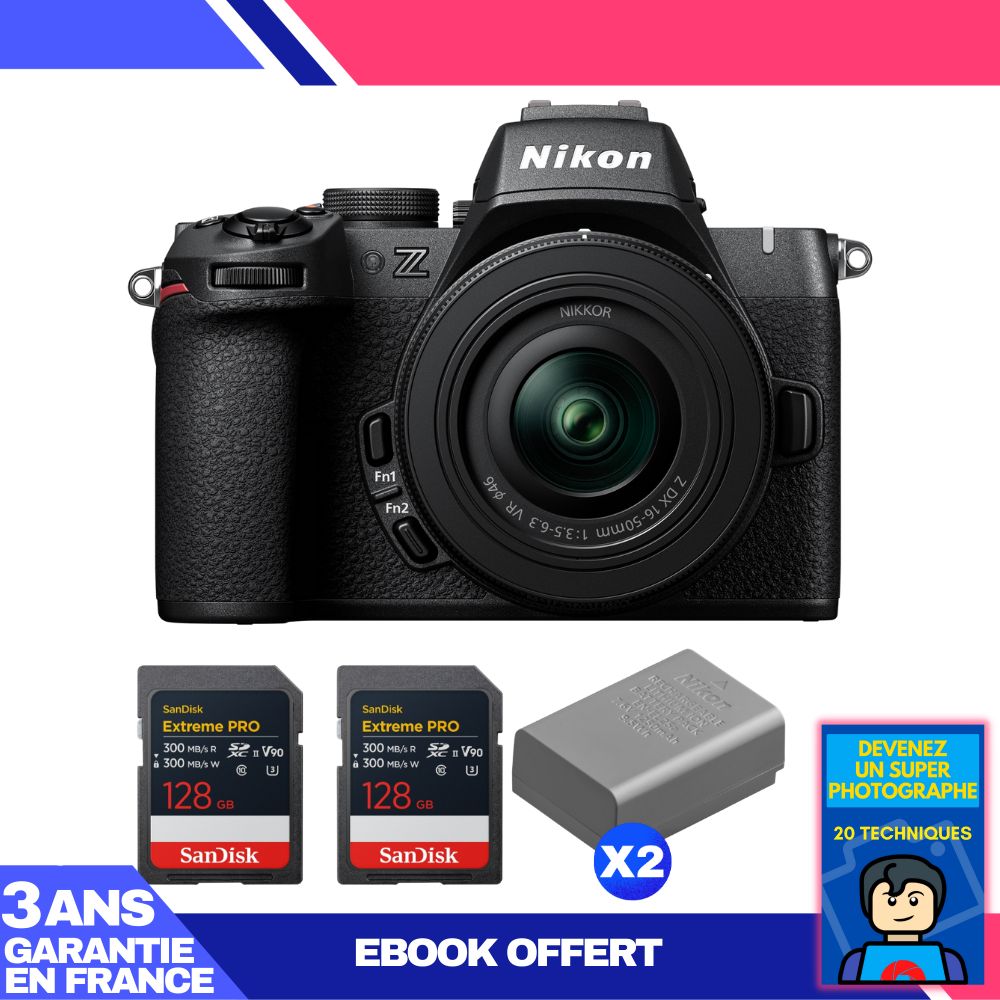 Nikon Z50 II Mirrorless Camera Kit with 16-50mm f/3.5-6.3 VR Lens + 2 SanDisk 128GB Extreme PRO UHS-II SDXC Cards + 2 Nikon EN-EL25a Batteries + Ebook: Become a Super Photographer
