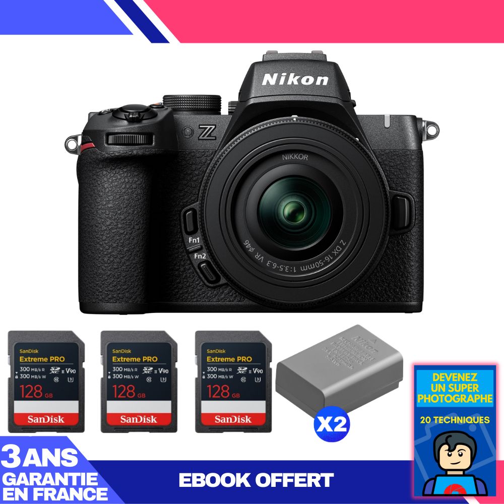 Nikon Z50 II Mirrorless Camera Kit with 16-50mm Lens + 3 SanDisk 128GB SD Cards + 2 Batteries + Ebook