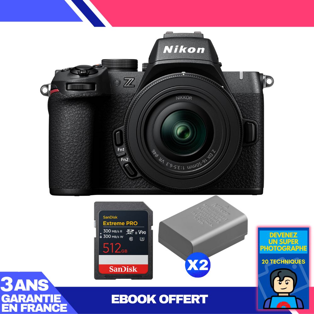 Nikon Z50 II Mirrorless Camera Kit with 16-50mm f/3.5-6.3 VR Lens + 512GB SD Card + Batteries + Ebook