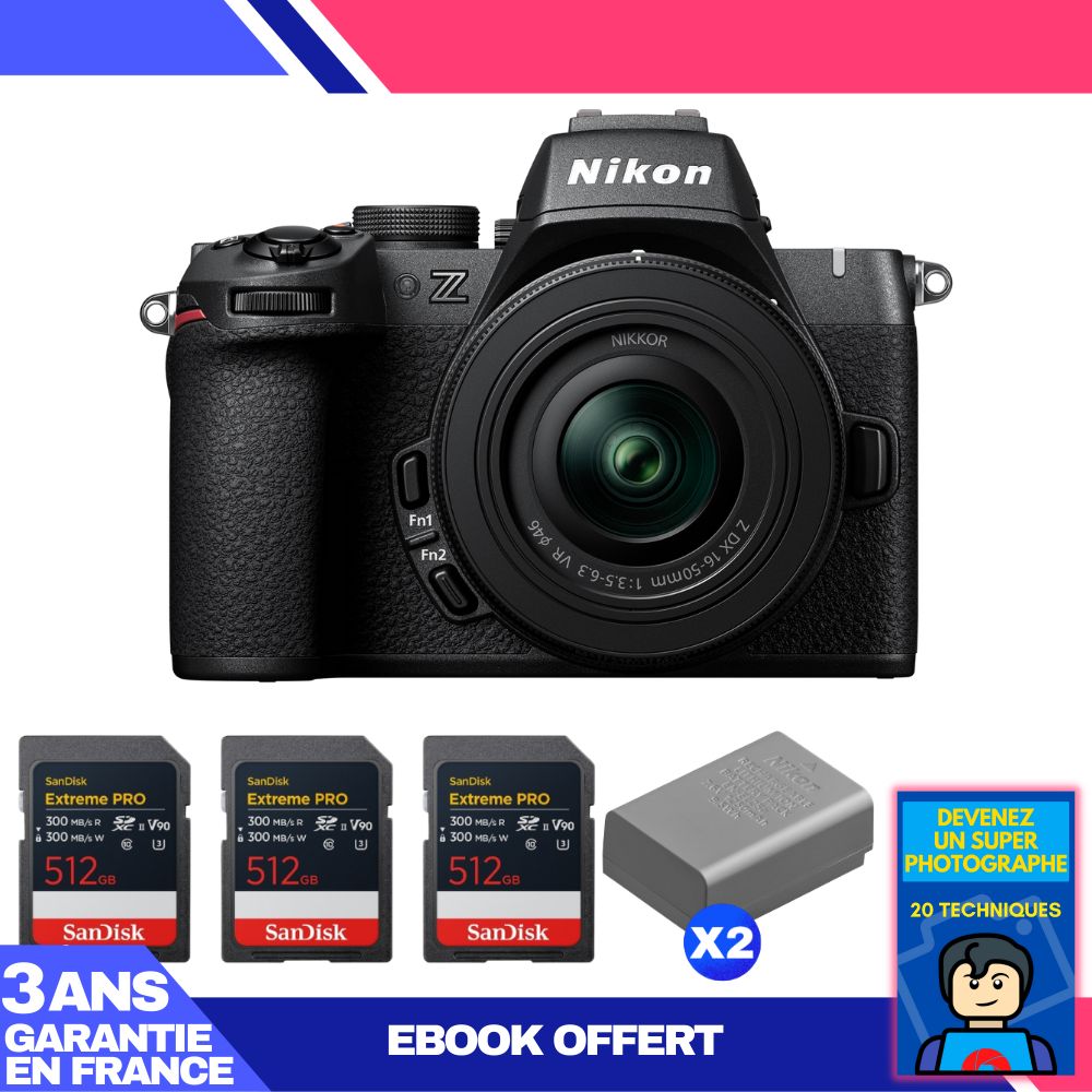 Nikon Z50 II Mirrorless Camera + 16-50mm f/3.5-6.3 VR Lens + 3 SanDisk 512GB Extreme PRO UHS-II SDXC Cards + 2 Nikon EN-EL25a Batteries + 'Become a Super Photographer' Ebook