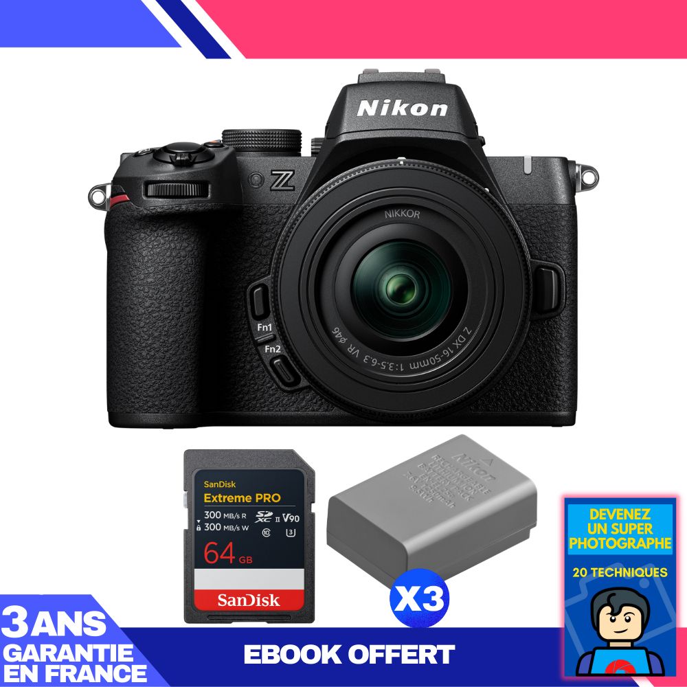 Nikon Z50 II Mirrorless Camera + 16-50mm f/3.5-6.3 VR Lens + 1 SanDisk 64GB Extreme PRO UHS-II SDXC + 3 Nikon EN-EL25a Batteries + Ebook 'Become a Super Photographer'