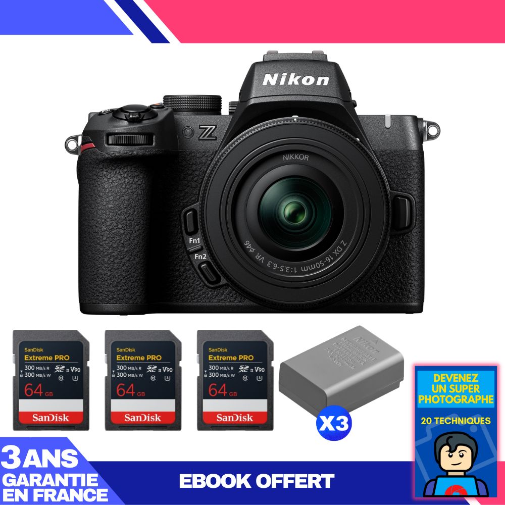 Kit de cámara sin espejo Nikon Z50 II con objetivo 16-50 mm f/3.5-6.3 VR + 3 tarjetas SD SanDisk Extreme PRO de 64 GB + 3 baterías EN-EL25a + ebook 'Conviértete en un superfotógrafo'