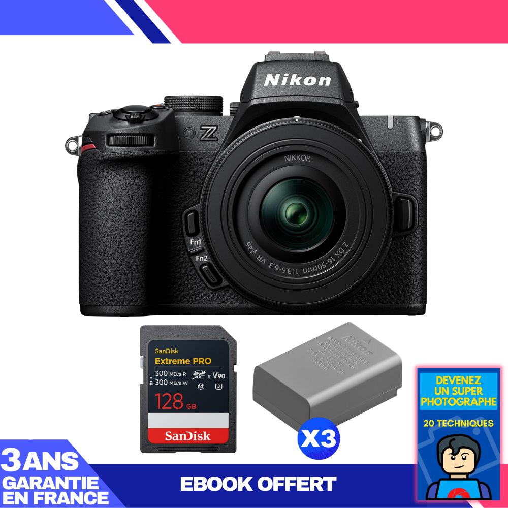 Nikon Z50 II Mirrorless Camera + 16-50mm f/3.5-6.3 VR Lens + 1 SanDisk 128GB Extreme PRO UHS-II SDXC + 3 Nikon EN-EL25a Batteries + Ebook 'Become a Super Photographer'