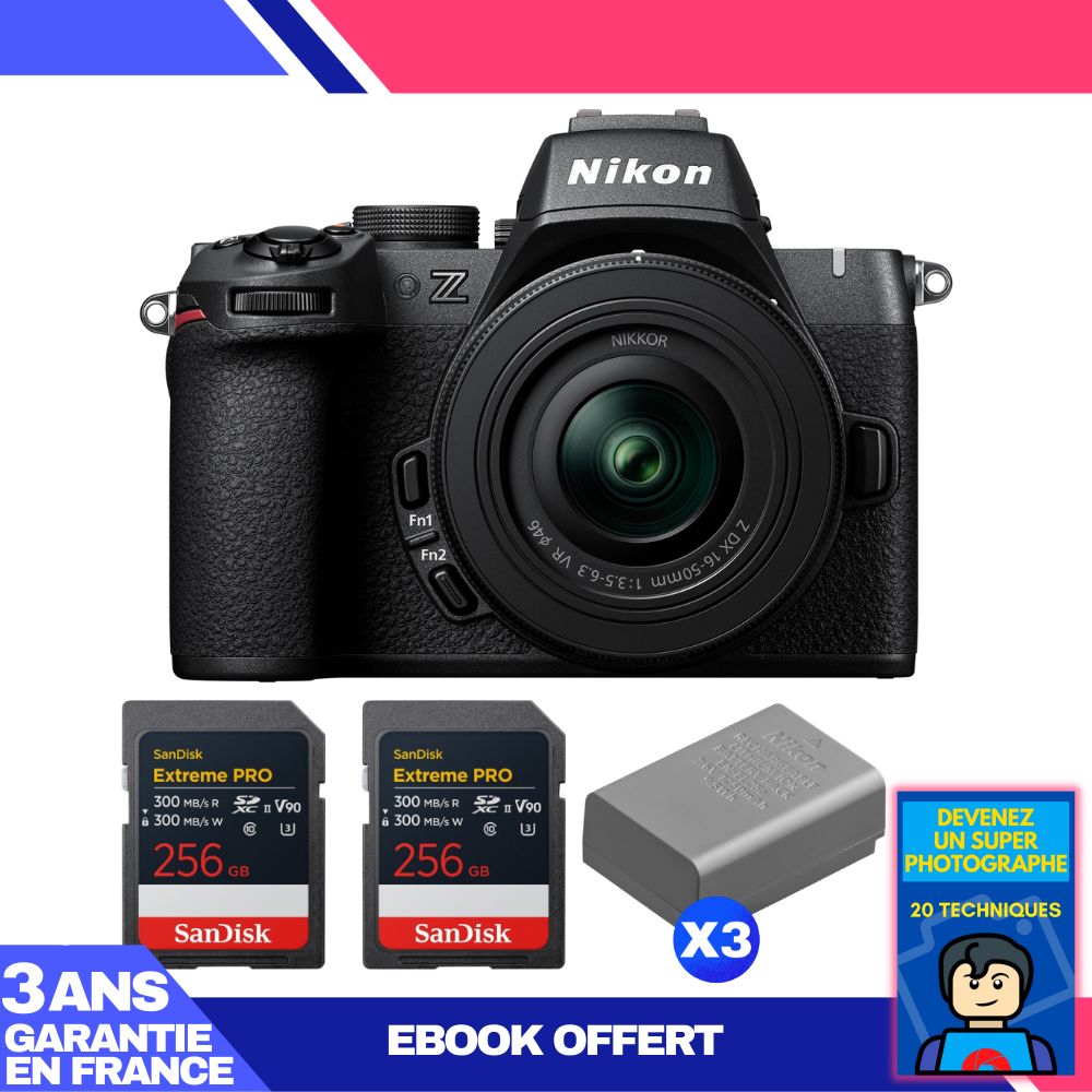 Nikon Z50 II Camera Kit with 16-50mm Lens and SanDisk Cards (256GB x 3) + Batteries (3x EN-EL25a) + Ebook