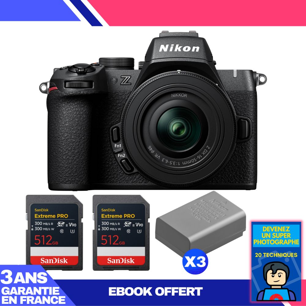 Nikon Z50 II Mirrorless Camera Kit with 16-50mm f/3.5-6.3 VR Lens + 2x 512GB SanDisk Extreme PRO UHS-II SDXC Cards + 3x EN-EL25a Batteries + Ebook