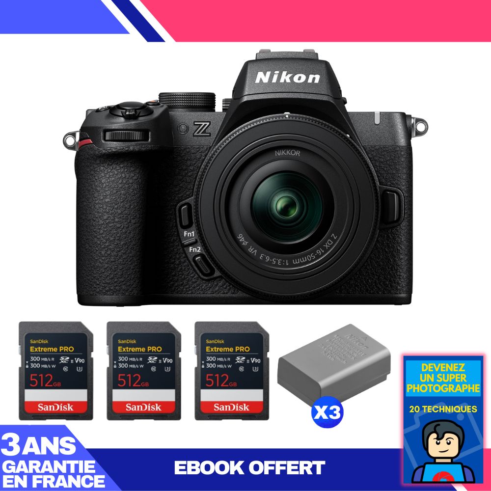 Nikon Z50 II Mirrorless Camera Kit with 16-50mm f/3.5-6.3 VR Lens + 3 SanDisk 512GB Extreme PRO UHS-II SDXC Cards + 3 Nikon EN-EL25a Batteries + Ebook