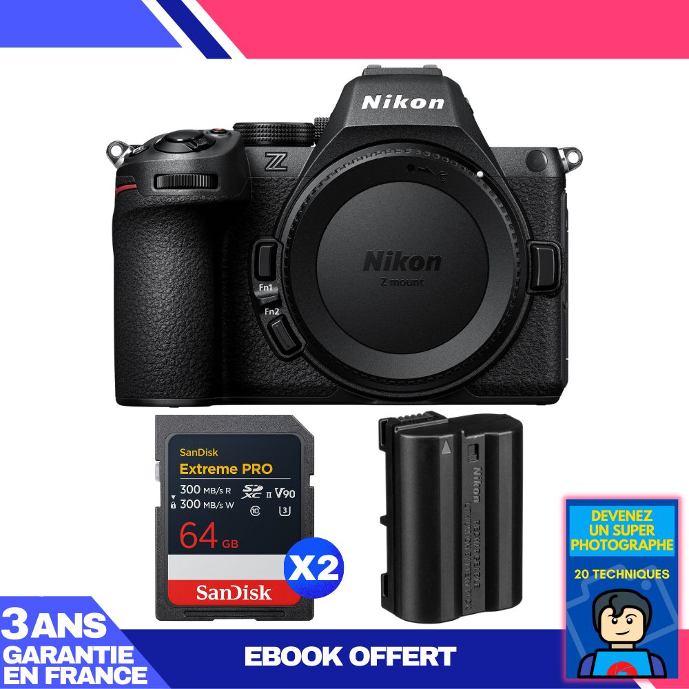 Nikon Z5 II Camera Body + 2 SanDisk 64GB Extreme PRO UHS-II SDXC Cards + Nikon EN-EL15c Battery + 'Become a Super Photographer' Ebook